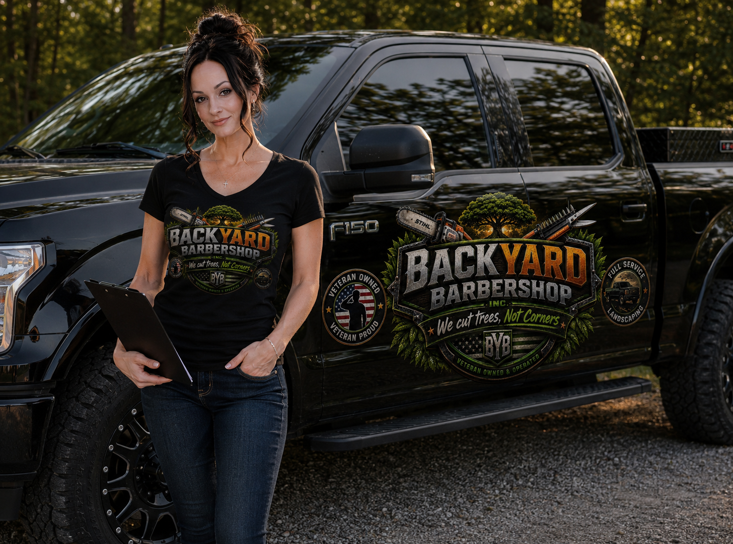 Sheryl Wilson, U.S. Army Veteran and co-owner of Backyard Barbershop Inc., standing next to the branded work truck